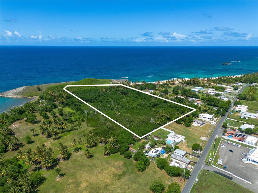 An aerial view shows a large, undeveloped plot of land near a coastal beach — Carr 681 Km 4.5 BO.ISLOTE, ARECIBO, PR