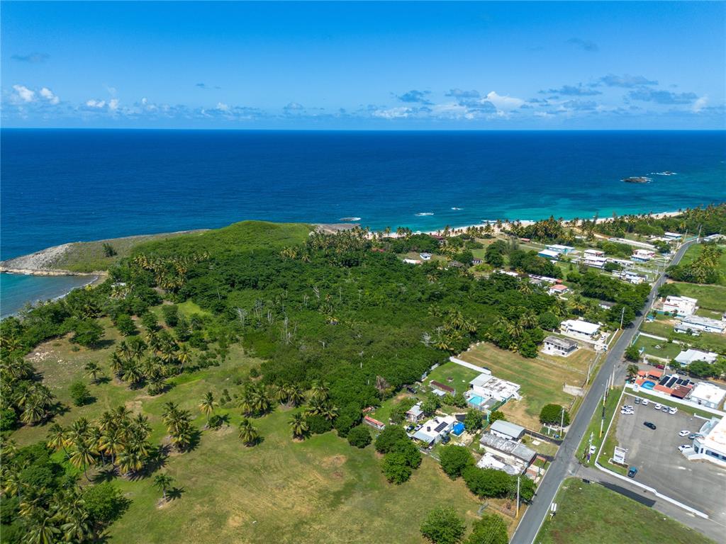 An aerial view shows a coastal landscape with a large grassy field, trees, and houses — Carr 681 Km 4.5 BO.ISLOTE, ARECIBO, PR