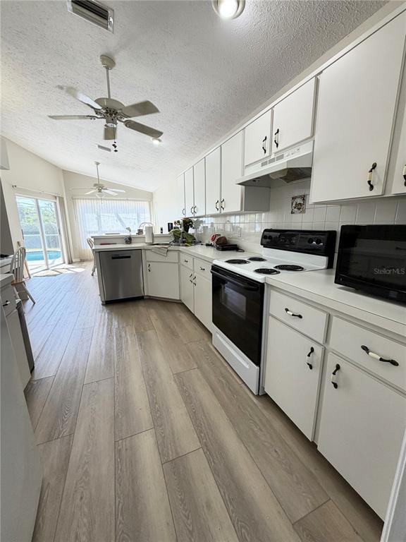 A kitchen with white cabinets, stainless steel appliances, and wood-look flooring leads to a patio — 10542 MAGRATH LANE, NEW PORT RICHEY, FL