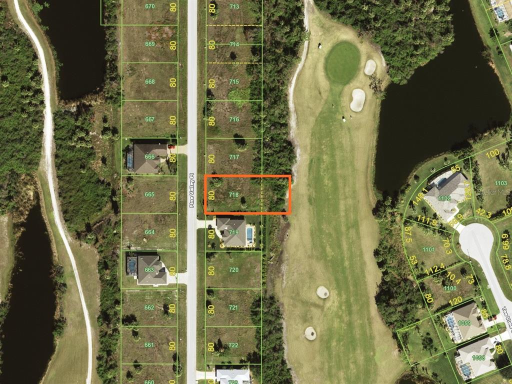 This is an aerial map showing a vacant residential lot highlighted in orange — 39 PINE VALLEY PLACE, ROTONDA WEST, FL