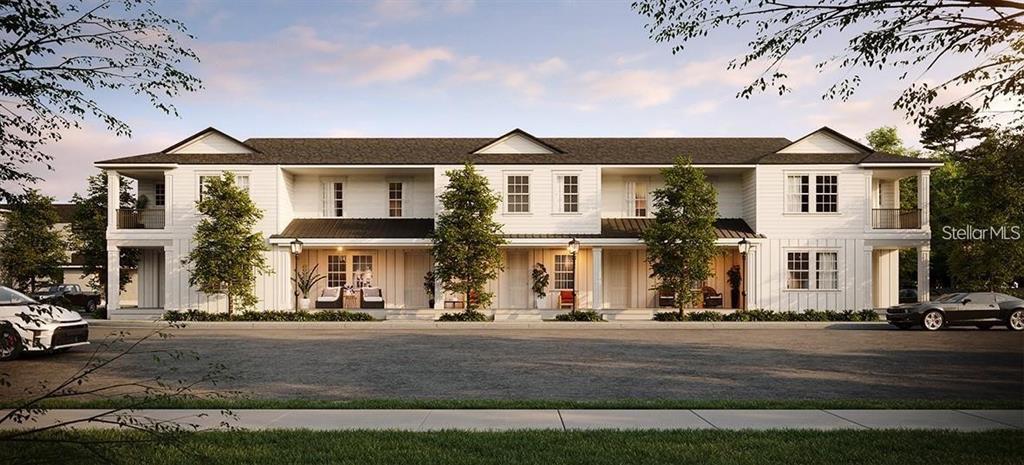 This is a rendering of a multi-unit residential building with white siding and covered porches — 636 SIGLER DRIVE, WINTER GARDEN, FL