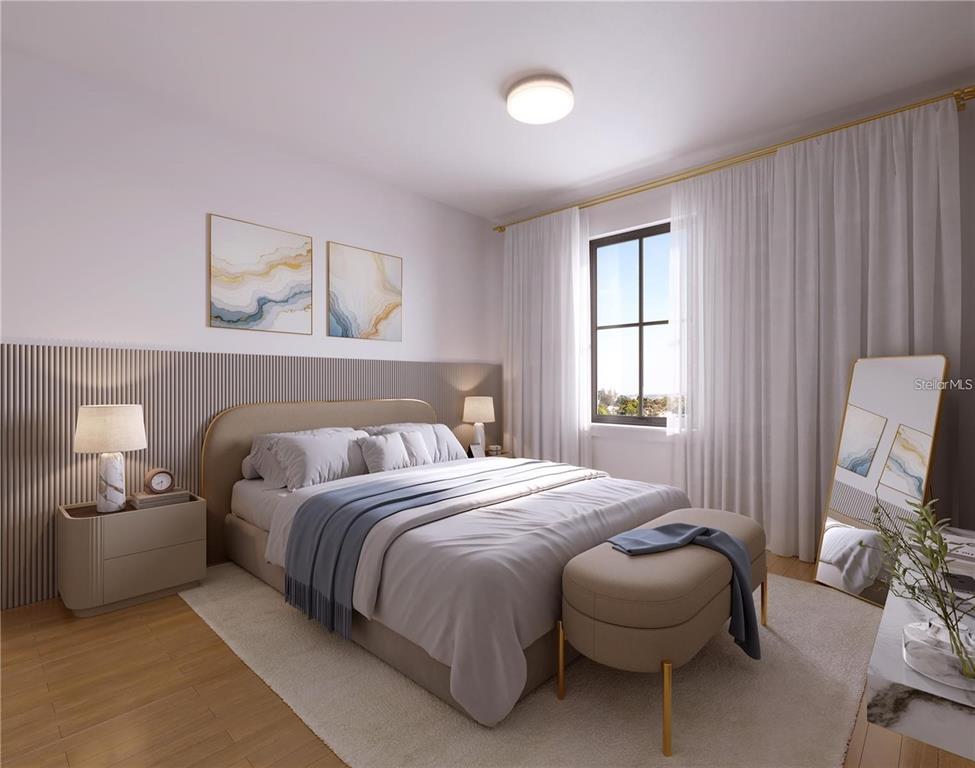 This is a rendering of a modern bedroom featuring a bed, nightstands, and a floor mirror — 636 SIGLER DRIVE, WINTER GARDEN, FL