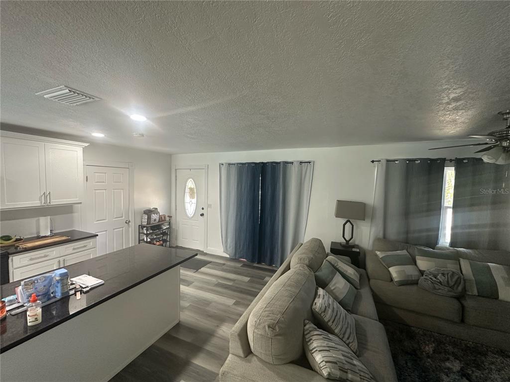 An open-concept living room and kitchen featuring gray wood-look flooring and white cabinetry — 1011 GERONA AVENUE, DELTONA, FL