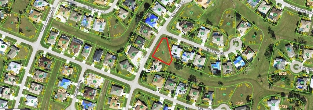 This is an aerial map view of a residential neighborhood highlighting a specific vacant lot — 1400 VERMOUTH LANE, PUNTA GORDA, FL