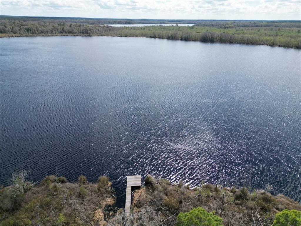 An aerial view shows a wooden dock extending into a large, dark-water lake — 17830 NE 49TH STREET ROAD, SILVER SPRINGS, FL