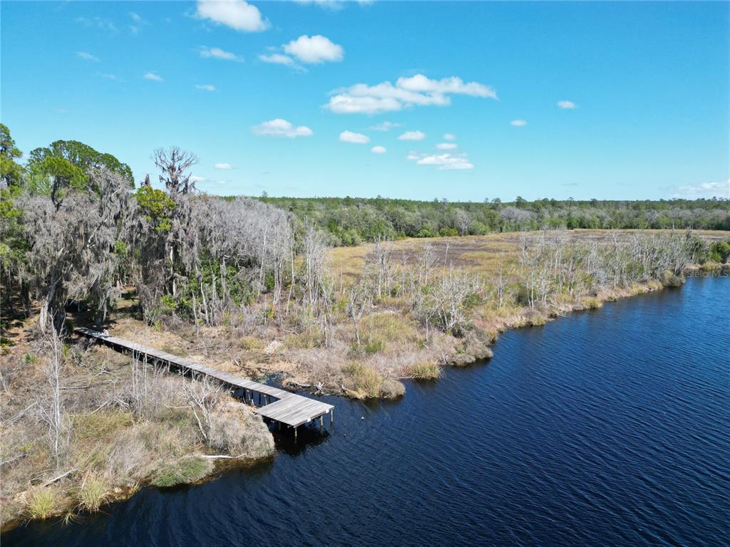 An aerial view of a wooden dock extending into a lake next to a wooded shoreline — 17830 NE 49TH STREET ROAD, SILVER SPRINGS, FL