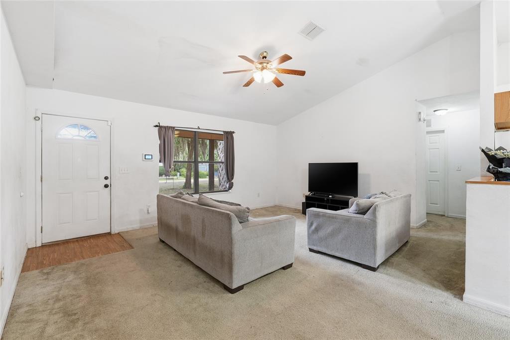 A living room features beige carpeting, white walls, a ceiling fan, and two gray sofas — 173 LITTLE ORANGE LAKE DRIVE, HAWTHORNE, FL