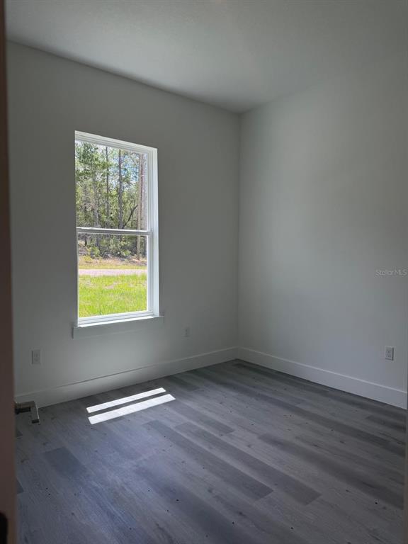 An empty room features white walls, gray wood-look flooring, and a window overlooking trees — 11183 N VESTA POINT, CITRUS SPRINGS, FL