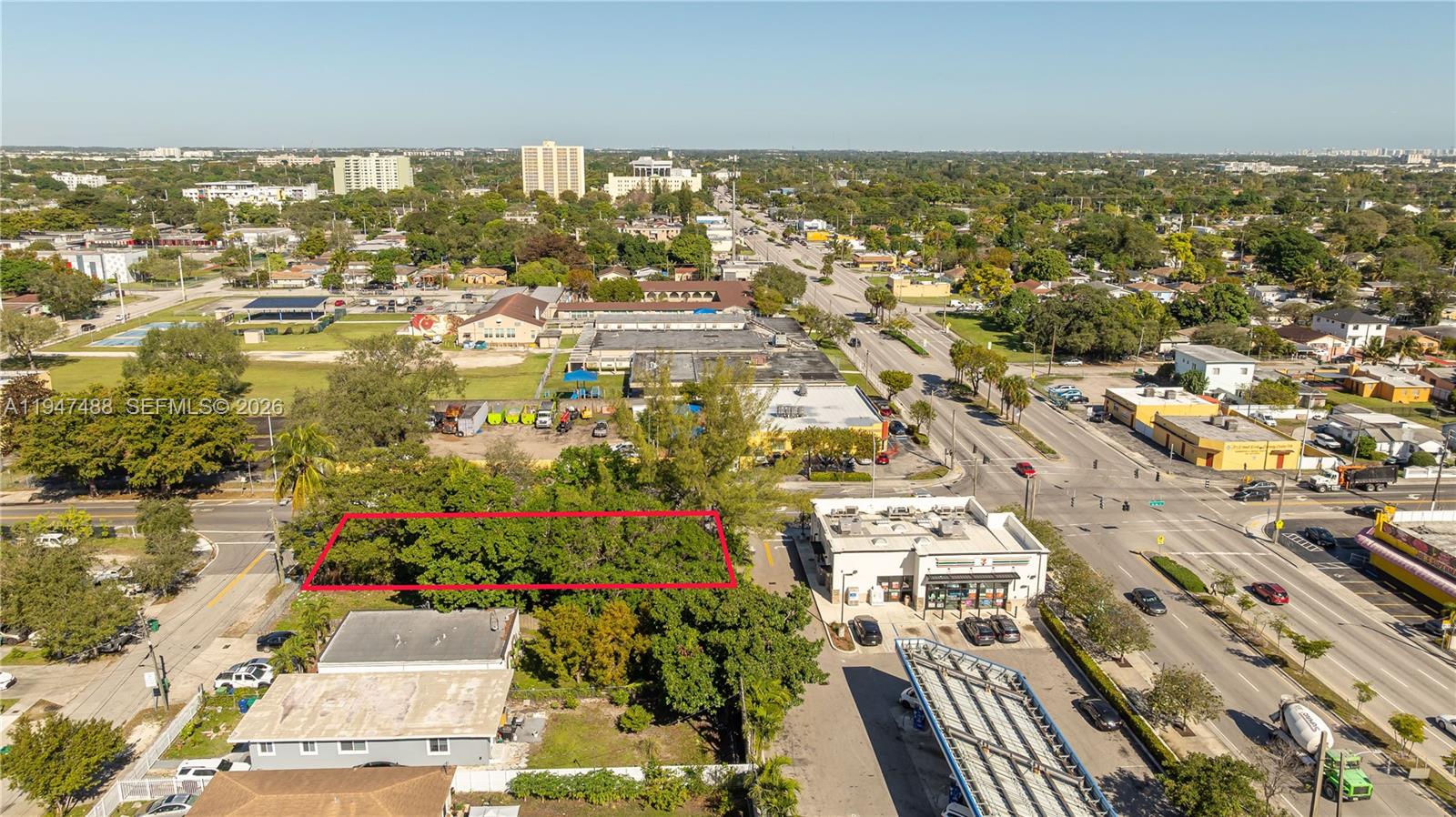 An aerial view shows a rectangular vacant lot outlined in red next to a gas station — 2226 NW 46th St, Miami FL 33142, MIAMI, FL