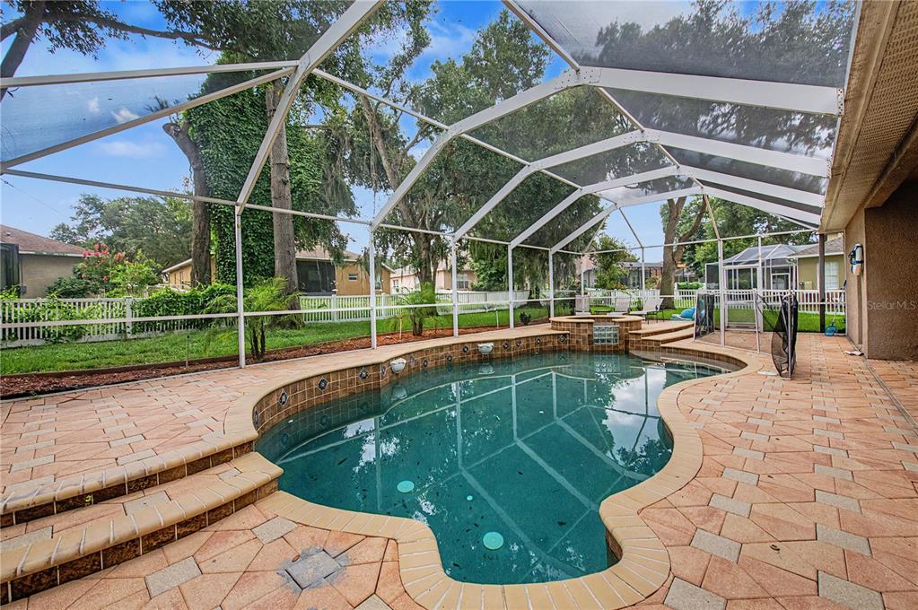 A screened-in patio features a freeform swimming pool with an attached raised spa — 2418 BLUE STONE COURT, VALRICO, FL