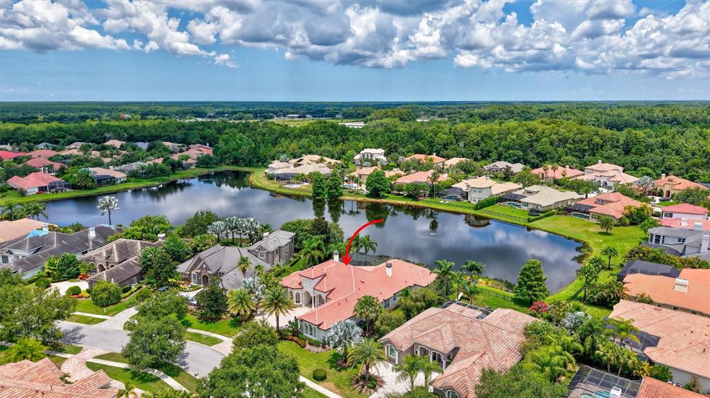 An aerial view shows a residential neighborhood with a large lake and tiled-roof houses — 14742 WATERCHASE BOULEVARD, TAMPA, FL