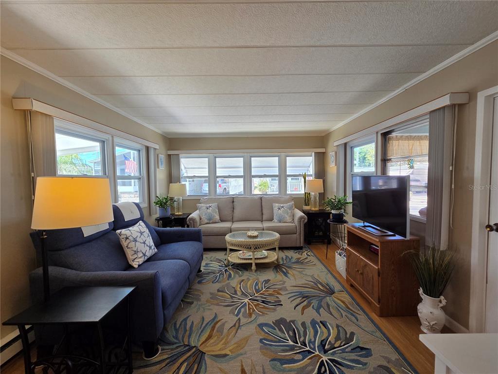 A living room features a blue sofa, a beige sofa, and a patterned area rug — 4333 72ND STREET N UNIT 80, ST PETERSBURG, FL