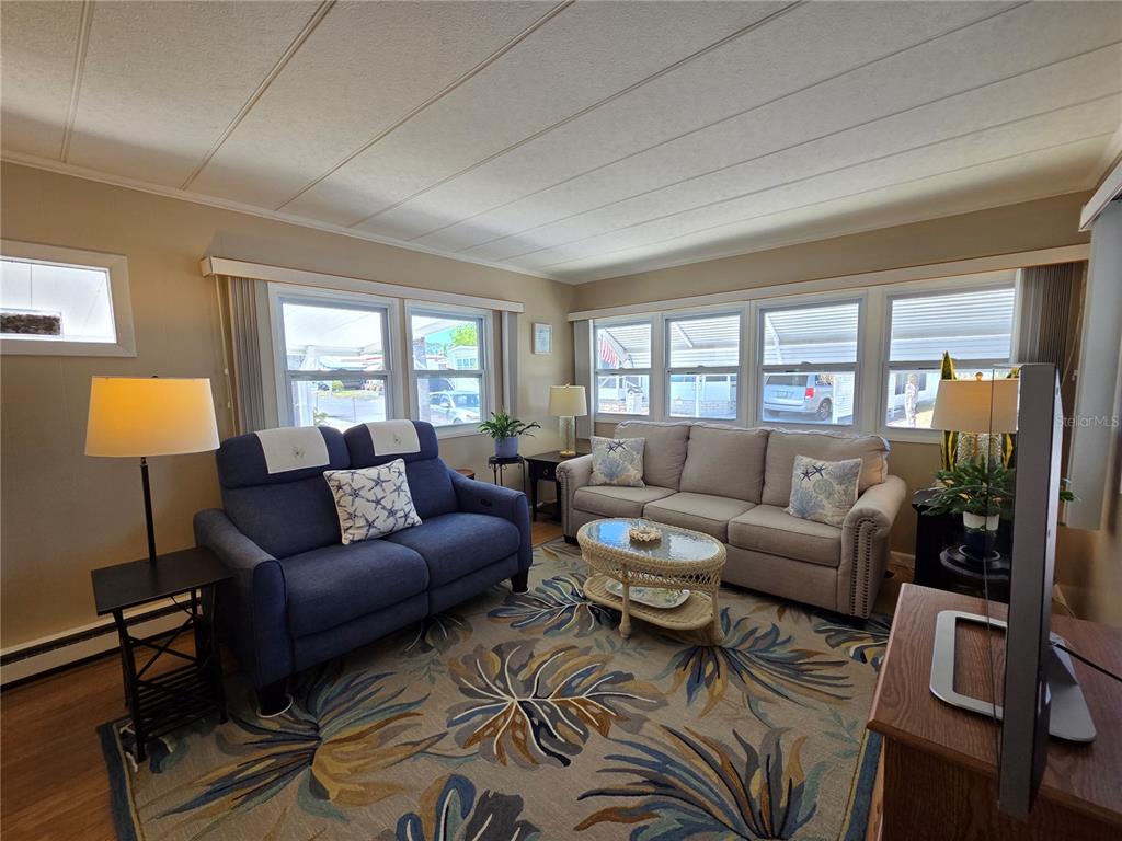 A living room features a blue loveseat, a beige sofa, and a patterned area rug — 4333 72ND STREET N UNIT 80, ST PETERSBURG, FL