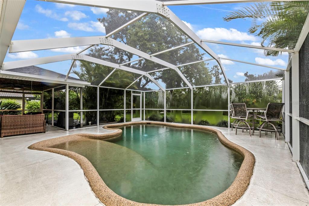 A screened-in patio features a freeform swimming pool with a textured stone border — 73 MANIZAKS AVENUE, PUNTA GORDA, FL