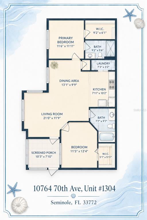 This is a floor plan for a two-bedroom, two-bathroom apartment with a screened porch — 10764 70TH AVENUE UNIT 1304, SEMINOLE, FL