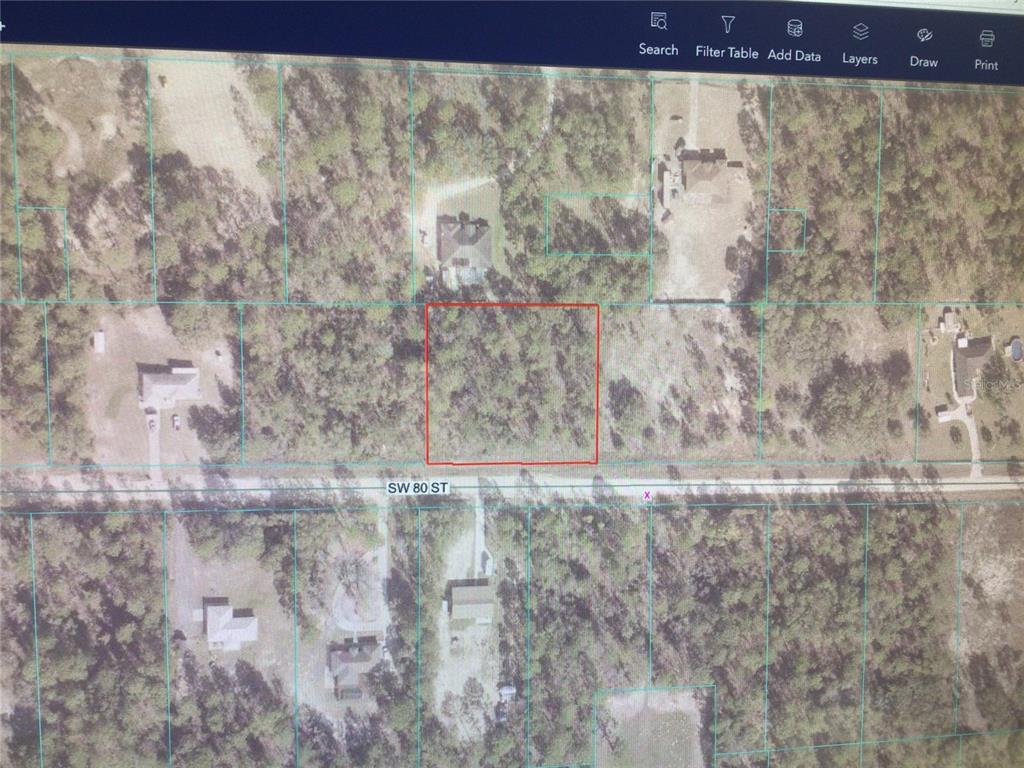 This is an aerial map showing a rectangular plot of land outlined in red — 0 80 STREET, DUNNELLON, FL