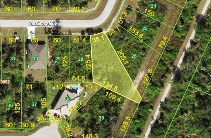 This is a map showing a highlighted parcel of land with property boundary dimensions — 150 SMALLWOOD ROAD, ROTONDA WEST, FL