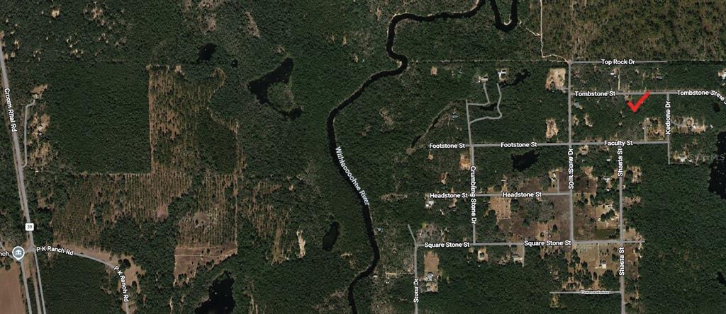This is an aerial map showing a residential area with a red arrow marking a property — 33240 TOMBSTONE STREET, WEBSTER, FL