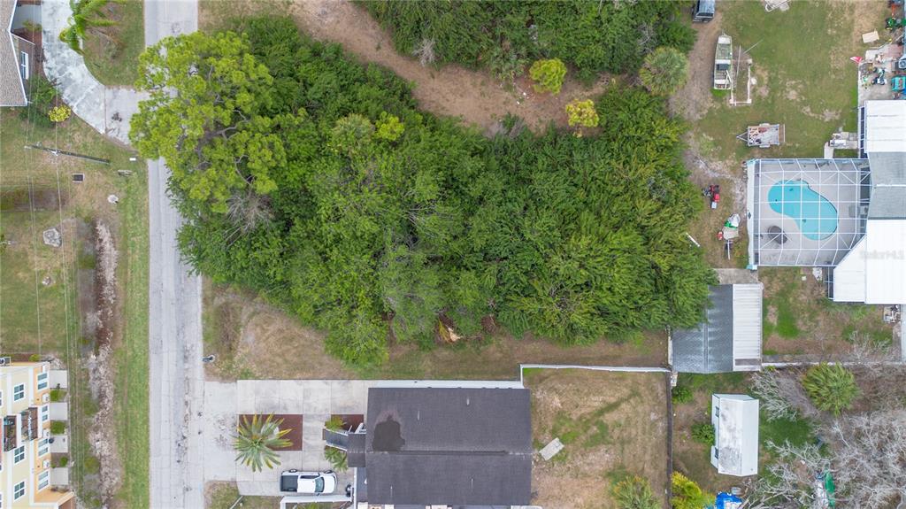 An aerial view shows a wooded residential lot situated between two houses with a swimming pool — 6317 OELSNER STREET, NEW PORT RICHEY, FL