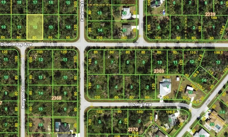 This is an aerial map showing residential land parcels and street layouts — 13398 DOUBLEDAY AVENUE, PORT CHARLOTTE, FL