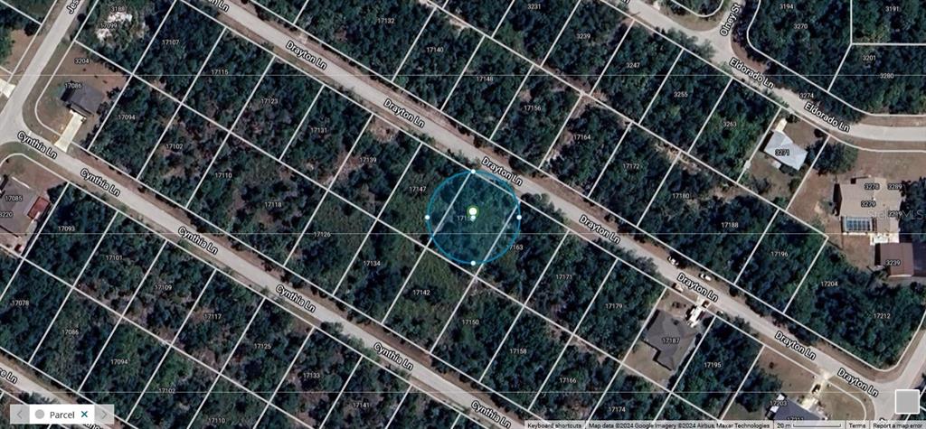 This is a satellite map showing a vacant residential lot highlighted within a suburban neighborhood — 17155 DRAYTON LANE, PORT CHARLOTTE, FL
