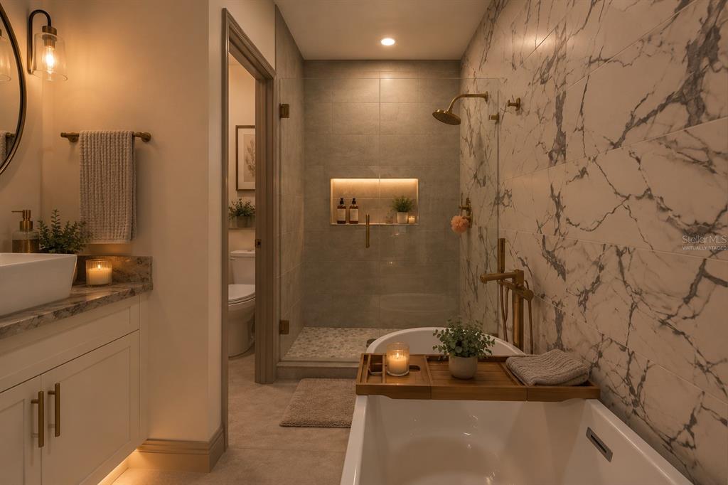 A bathroom features a white vanity, a soaking tub, and a glass-enclosed shower with marble tile — 5328 BALDOCK AVENUE, SPRING HILL, FL