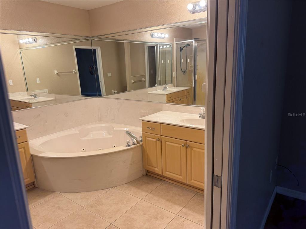 A bathroom features a corner soaking tub, dual vanities with light wood cabinets, and large mirrors — 9371 SE 108TH PLACE, BELLEVIEW, FL
