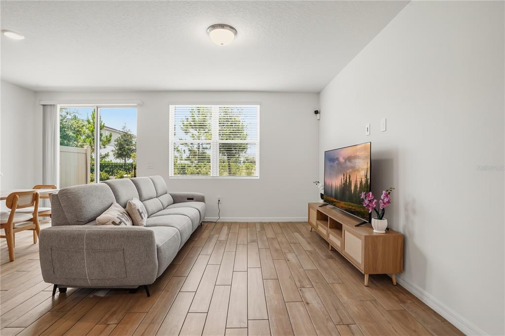 A living room features a gray sofa, a wood media console, and light wood-look flooring — 16368 HAPPY EAGLE DRIVE, CLERMONT, FL