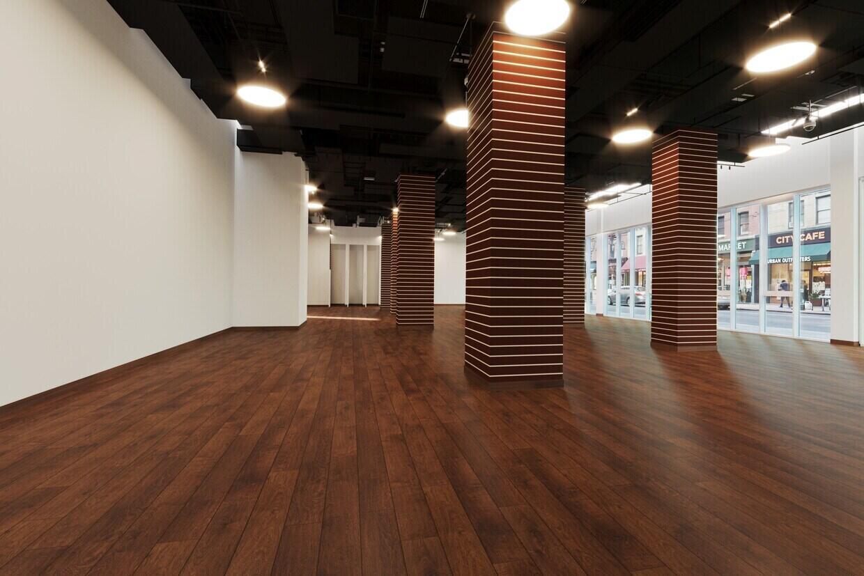 This rendering shows an empty commercial space with dark wood flooring, slatted columns, and black ceilings — 240 71st Street, Miami Beach FL 33141, MIAMI BEACH, FL