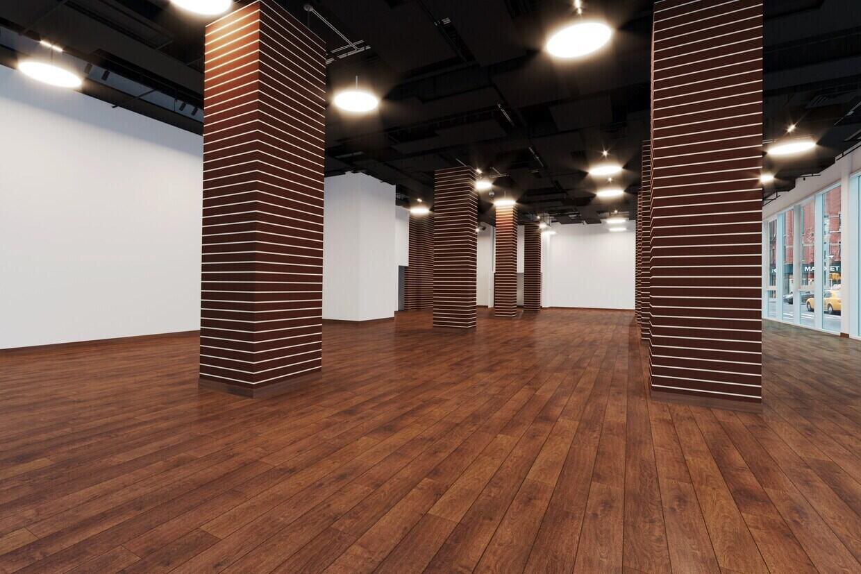 This rendering shows an empty commercial space with wood-look flooring and brown slatted columns — 240 71st Street, Miami Beach FL 33141, MIAMI BEACH, FL
