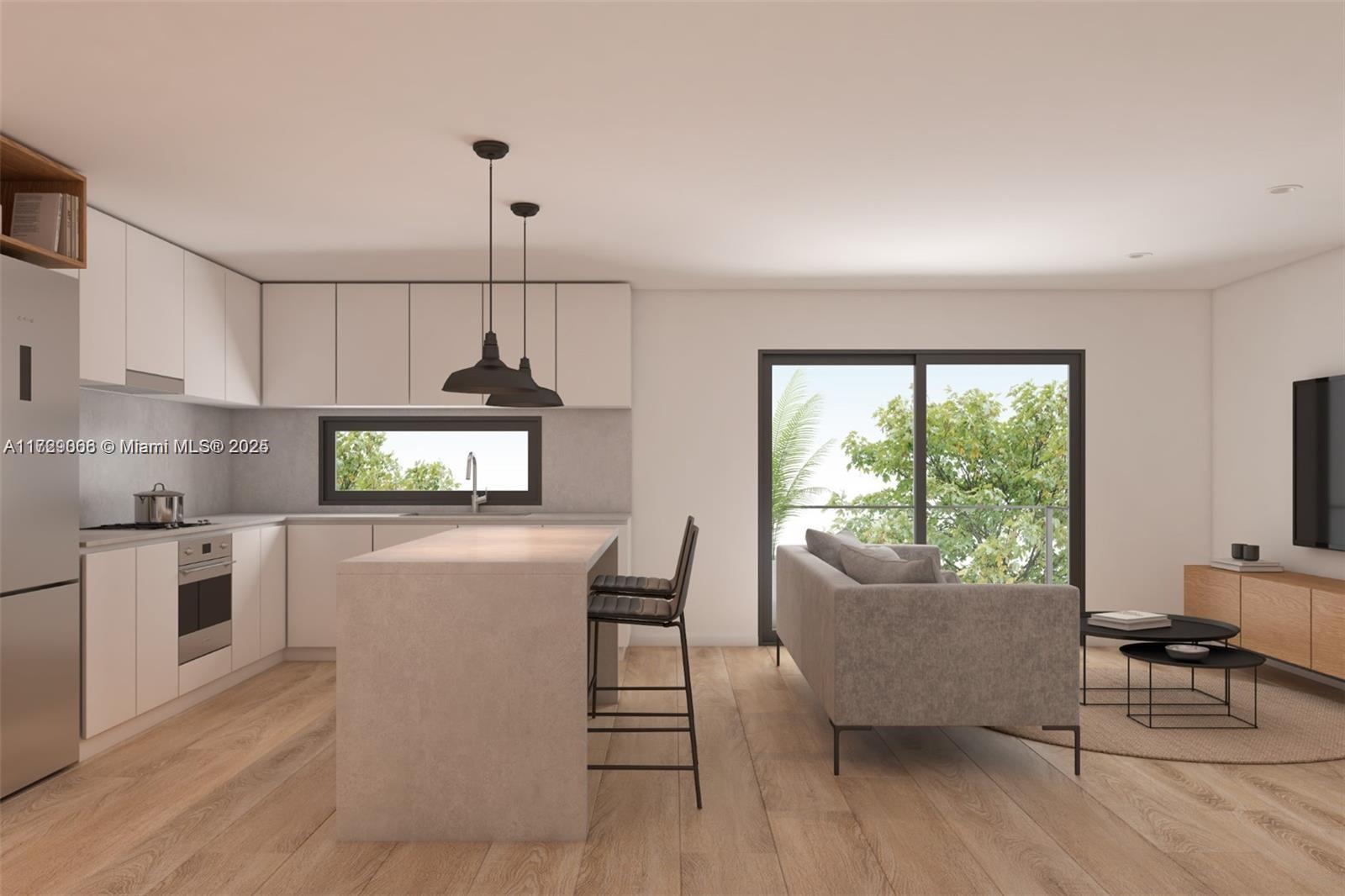This rendering shows a modern open-concept kitchen and living area with light wood flooring — 1928 Mckinley St, Hollywood FL 33020, HOLLYWOOD, FL