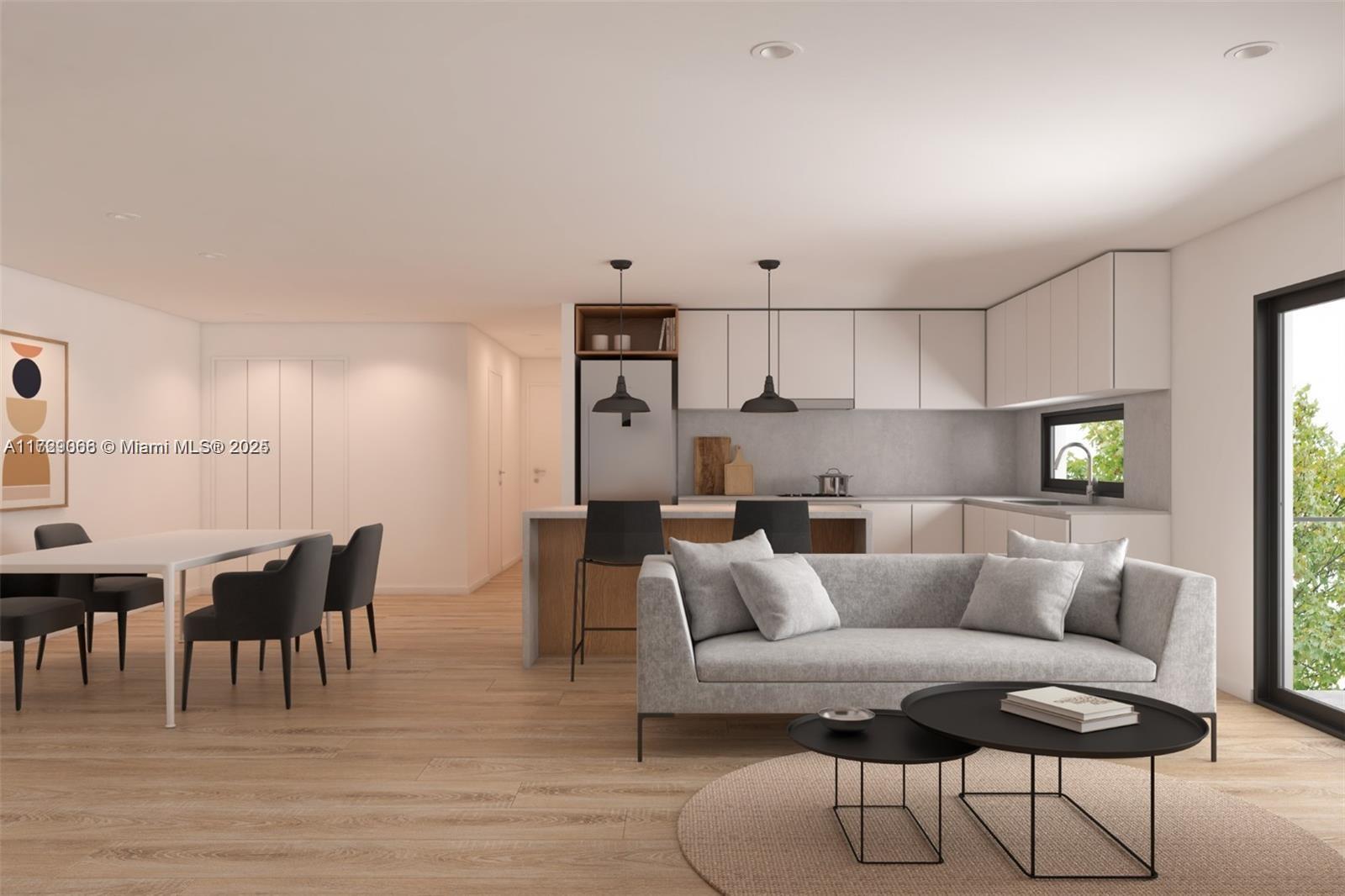 This rendering shows an open-concept living area with a modern kitchen, dining space, and sofa — 1928 Mckinley St, Hollywood FL 33020, HOLLYWOOD, FL