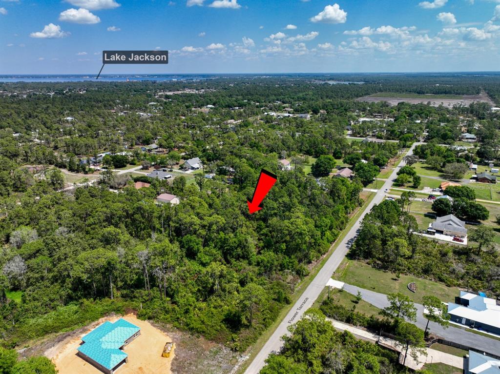 An aerial view shows a wooded lot with a red arrow pointing toward the property — 2022 FLOWER TERRACE, SEBRING, FL