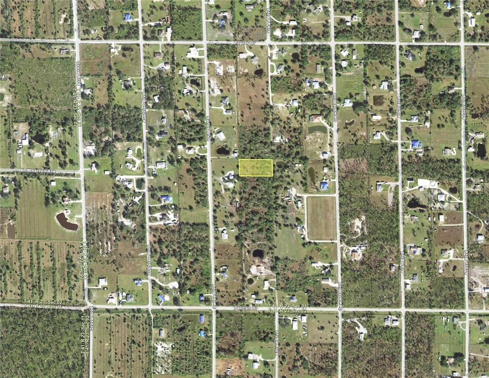 An aerial map shows a rectangular yellow-highlighted property lot surrounded by rural residential streets — 6389 ALFRED BOULEVARD, PUNTA GORDA, FL