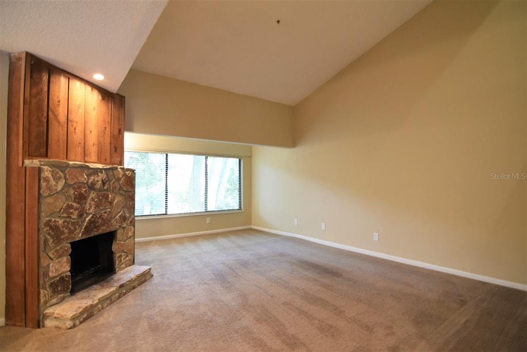 A living room features a stone fireplace, wood paneling, beige carpet, and a vaulted ceiling — 1068 E MICHIGAN STREET UNIT B, ORLANDO, FL