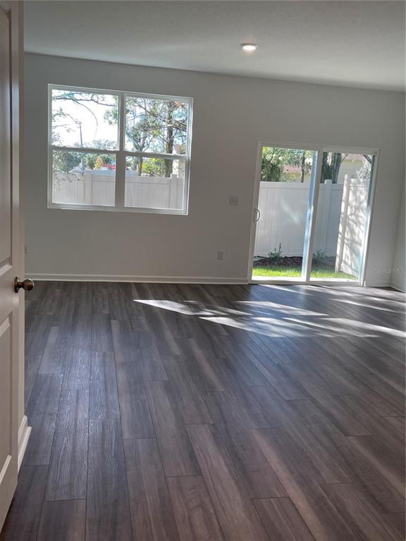 A living room features wood-look flooring, a large window, and a sliding glass door — 6163 DAERR RIDGE STREET, ZEPHYRHILLS, FL