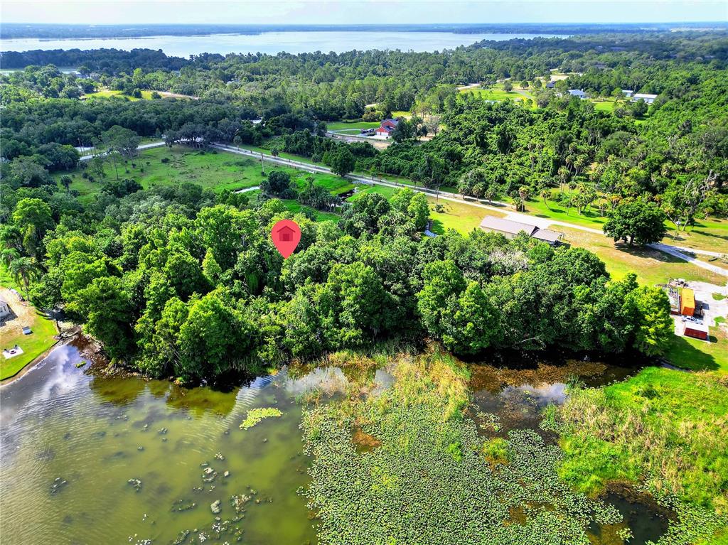 An aerial view shows a wooded lot marked with a red icon near a lake — 1001 W LAKE MARION ROAD, HAINES CITY, FL