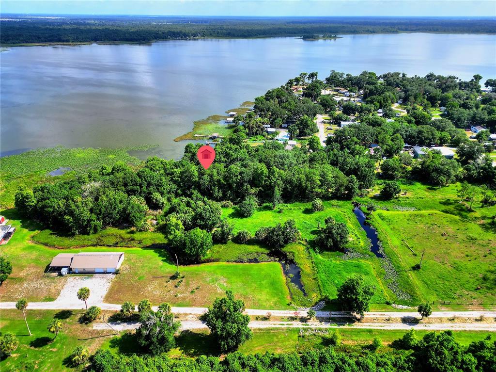 An aerial view shows a wooded lot with a red house icon near a lake — 1001 W LAKE MARION ROAD, HAINES CITY, FL