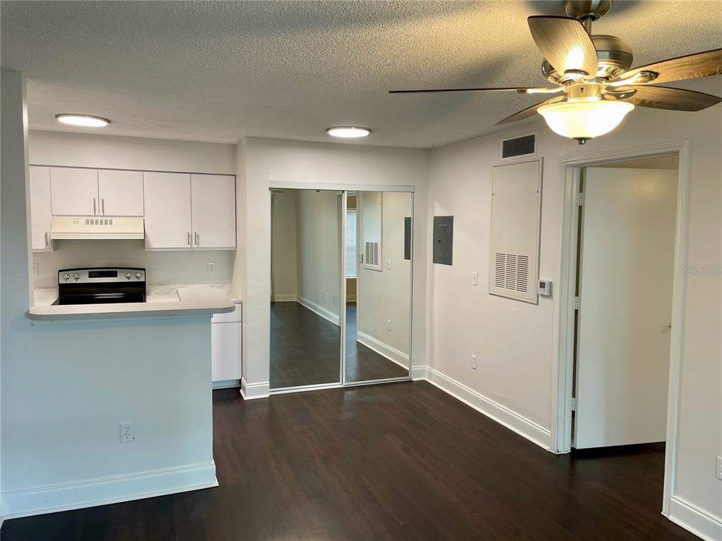 A kitchen with white cabinets and dark flooring opens into a living area with mirrors — 2521 GRASSY POINT DRIVE UNIT 101, LAKE MARY, FL