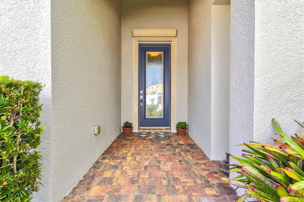A blue front door with a glass insert sits at the end of a paved entryway — 19556 PETRINO STREET, VENICE, FL