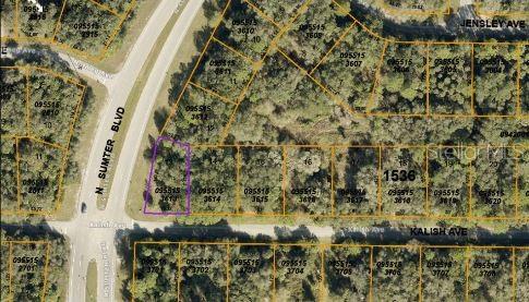 This is an aerial map view showing a highlighted vacant lot near a road intersection — KALISH AVENUE, NORTH PORT, FL