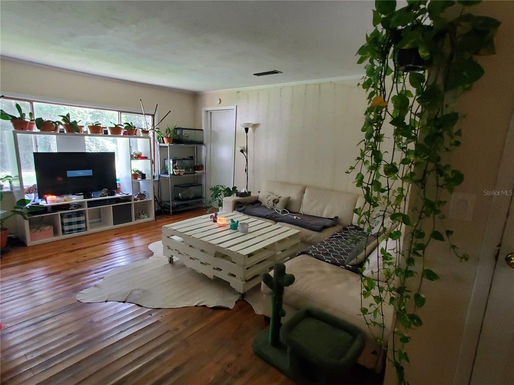 A living room features wood floors, a white pallet coffee table, a sectional sofa, and numerous plants — 23676 NW 194TH AVENUE, HIGH SPRINGS, FL