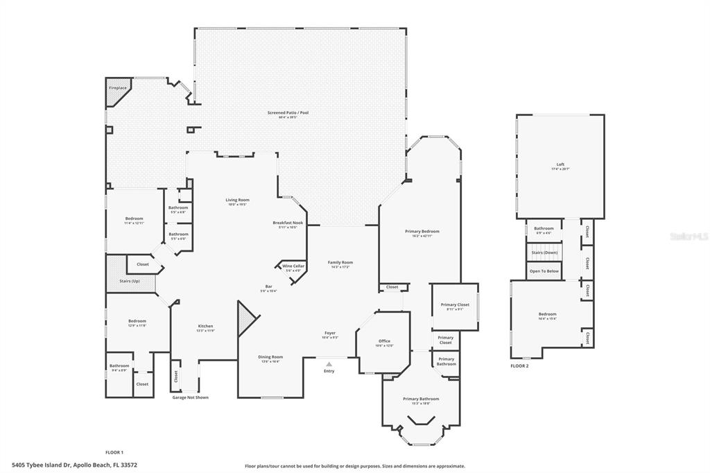 This is a two-story floor plan showing the layout of a house with a pool — 5405 TYBEE ISLAND DRIVE, APOLLO BEACH, FL