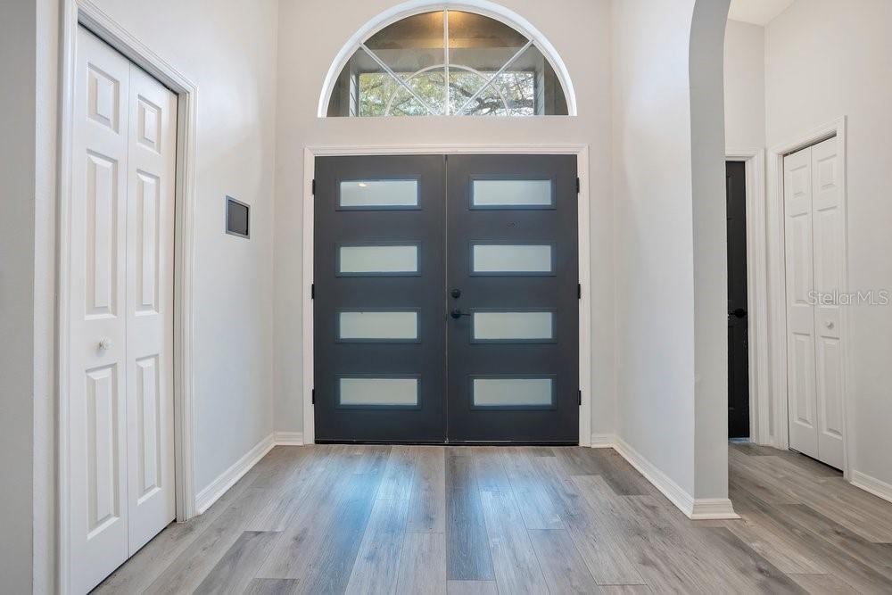 A foyer features a dark gray double front door, light wood-look flooring, and white walls — 1001 PIEDMONT OAKS DRIVE, APOPKA, FL