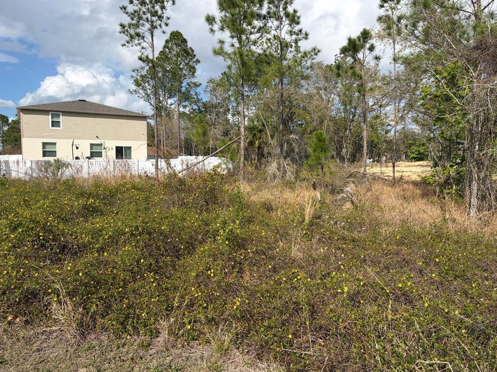 A vacant, overgrown lot with yellow wildflowers sits next to a two-story beige house — 202 SPOONBILL DRIVE, POINCIANA, FL