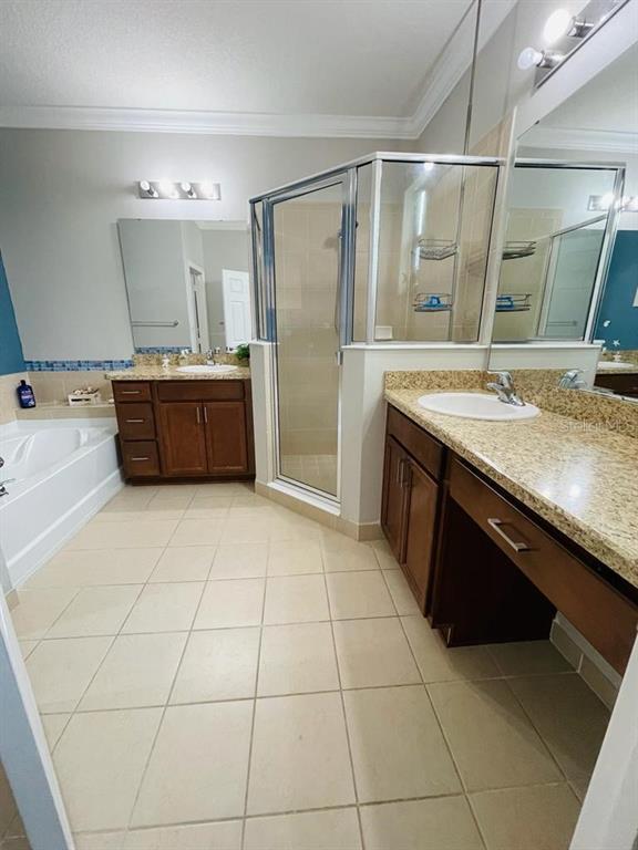 A bathroom features a walk-in shower, a soaking tub, and dual vanities with granite countertops — 1743 PORTOFINO MEADOWS BOULEVARD, ORLANDO, FL