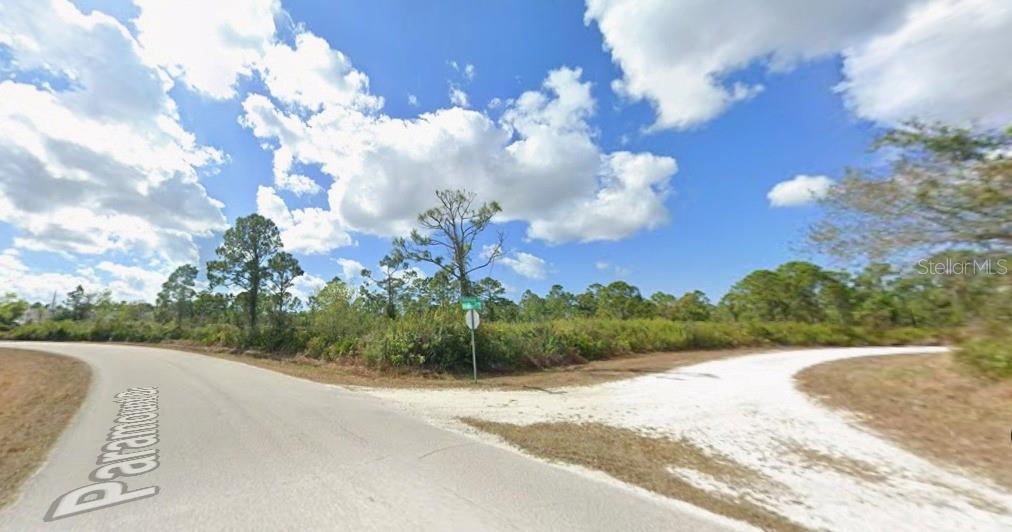 A paved road curves past a vacant, wooded corner lot under a blue sky — 12069 HOLLYHOCK STREET, PUNTA GORDA, FL