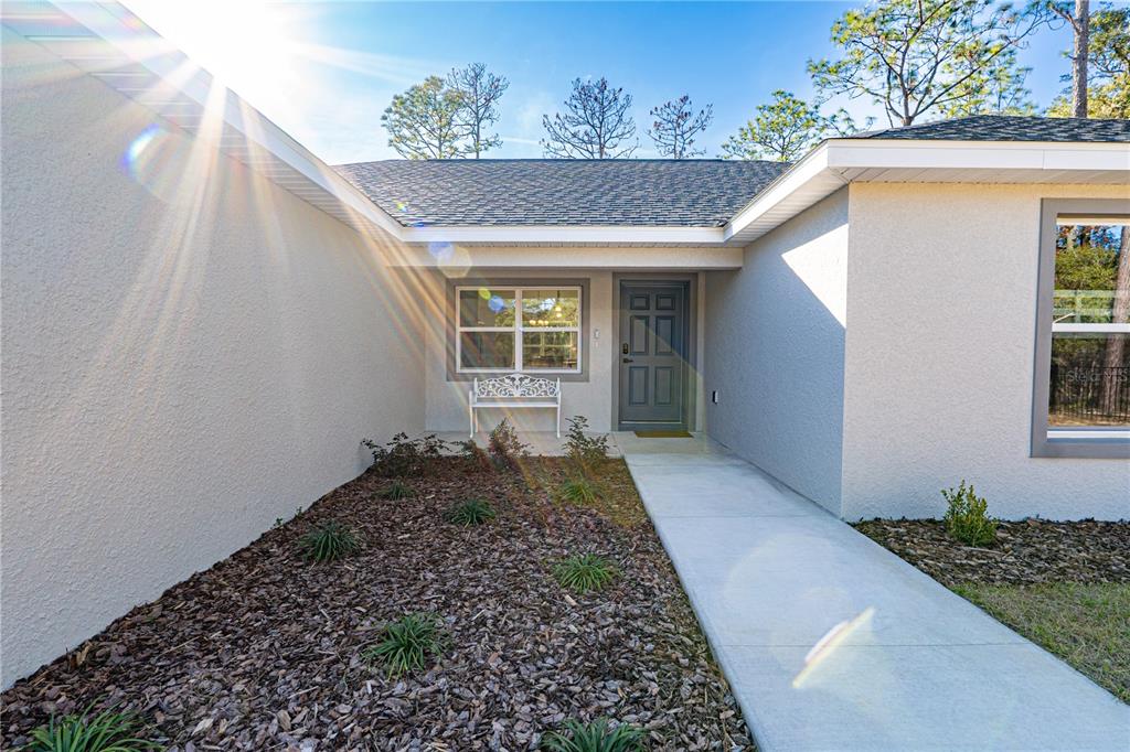 The exterior of a house features a concrete walkway leading to a gray front door — 6920 SW 209TH AVENUE, DUNNELLON, FL