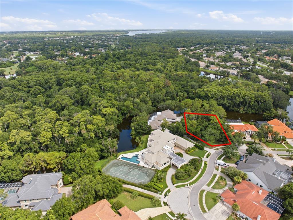 An aerial view shows a vacant wooded lot outlined in red within a residential neighborhood — 1332 PRESERVATION WAY, OLDSMAR, FL