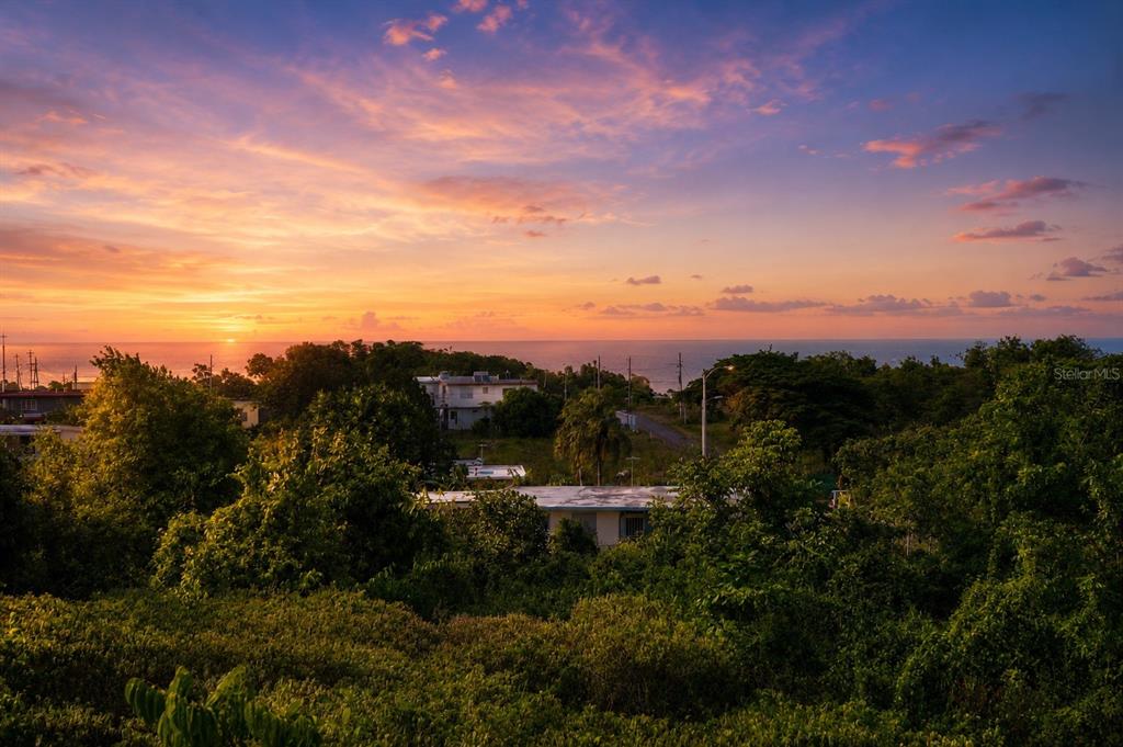 A sunset view over the ocean with lush green trees and houses in the foreground — 8466 CALLE LOS LUGO, QUEBRADILLAS, PR